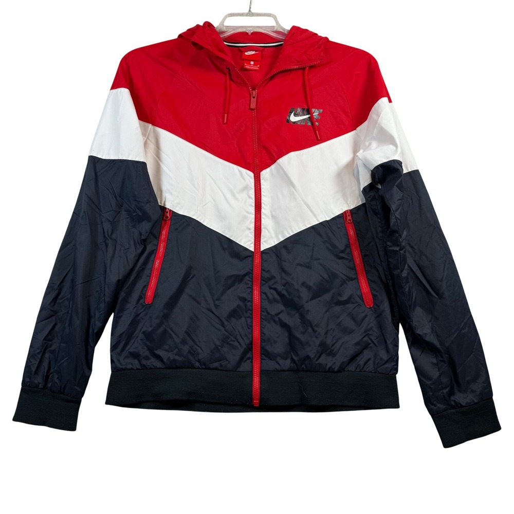 Nike Windrunner Jacket Mens Medium Red White Navy Blue Colorblock Hooded Zip‎